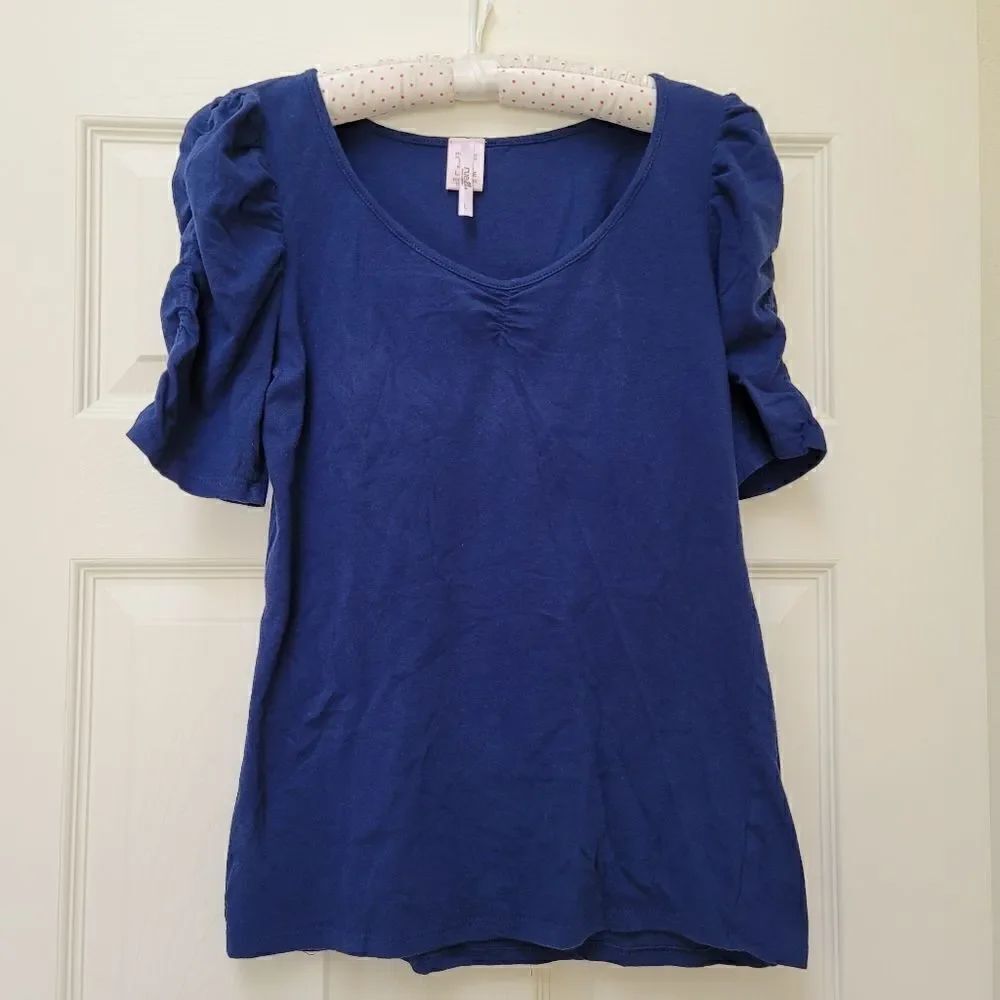 Rue21 large navy blue puff sleeve stretchy pullover blouse 3/4 sleeve ruched v-n